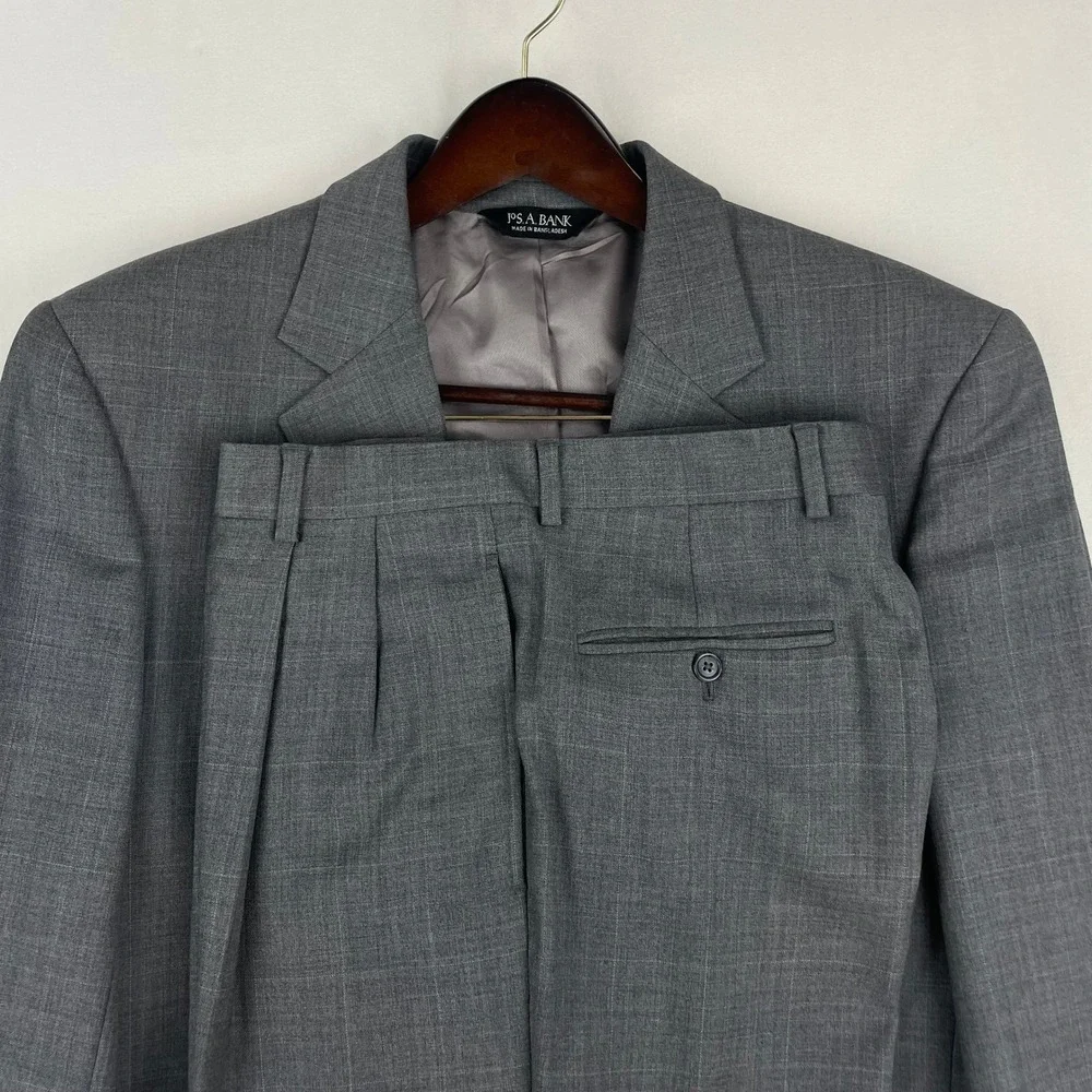 Jos. A. Bank Men Grey Wool Cashmere Glen Check 2 Piece Suit 40R 32X31.5